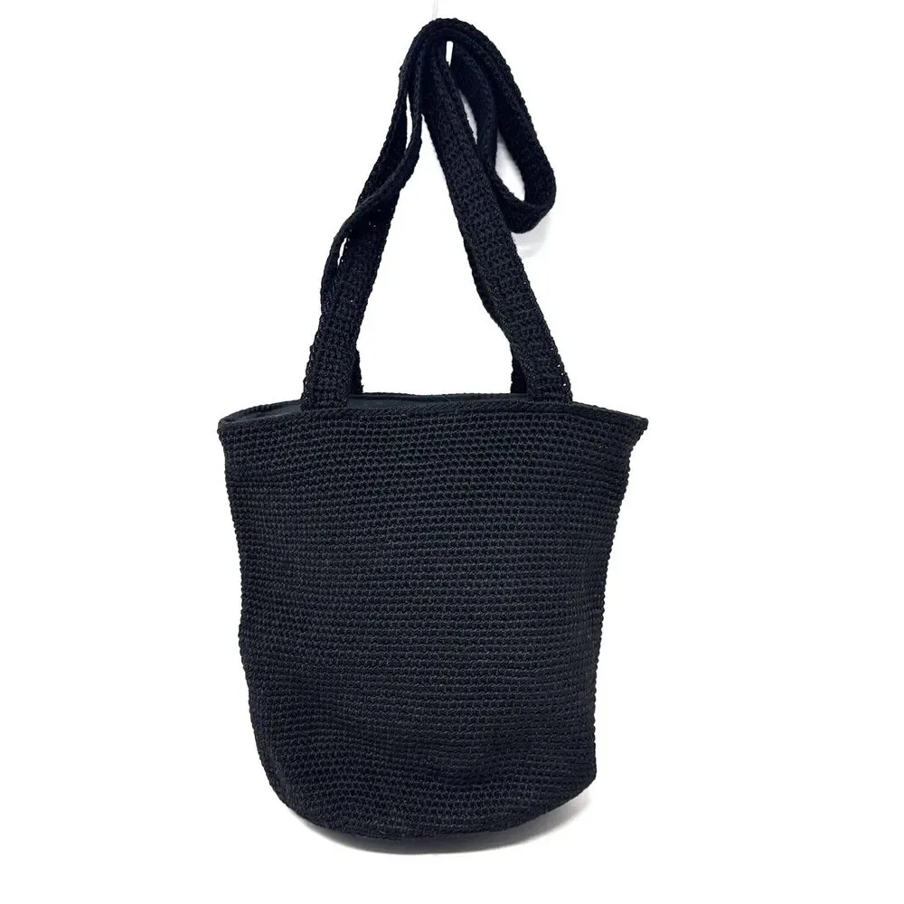 The Sak Crochet Hobo Bucket Bag Black Double Shoulder Strap Boho Euro Summer
